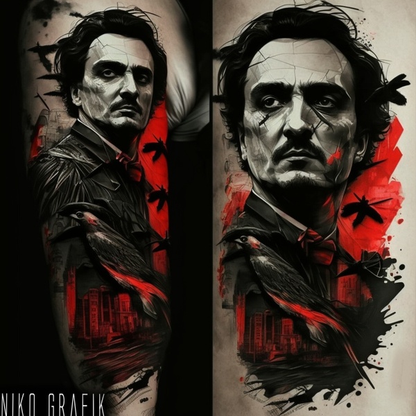 Tatouage design trash polka portait Edgar allan PoeoE