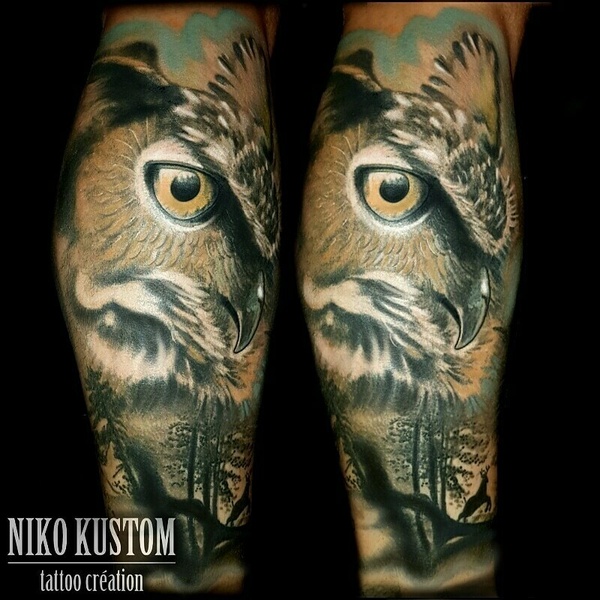 Tatouage réaliste hiboux