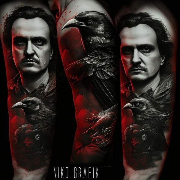 tatouage design trash polka portait Edgar allan Poe