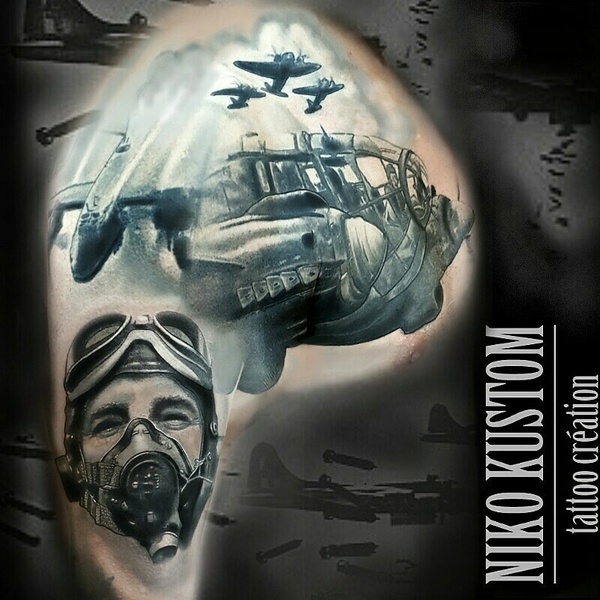 tatouage réaliste guerre aviateur war