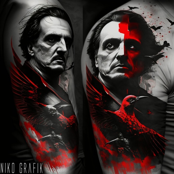Tatouage design trash polka portait Edgar allan Poe